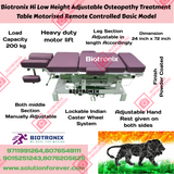 Biotronix Hi Low Height Adjustable Osteopathy Treatment Table Motorized Remote Controlled Basic Model used in Physiotherapy and Rehabilitation Make in India