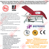 Biotronix Hi Low Height Adjustable Treatment Table/Manipulation Couch/Examination Table Motorized ( Electrical ) 3 Fold ( Section )Remote Controlled Deluxe Model Dual Function ( Hi Low Height Adjustment and Backrest Adjustment Motorized )